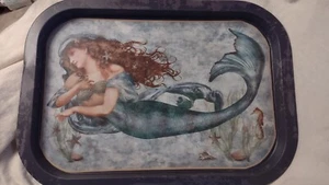 Mermaid Tray, metal server, blue brown gray, 11 x 16 inches, underwater scene - Picture 1 of 2