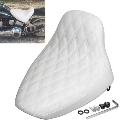 White Lattice Stitched Driver Solo Seat For Harley Softail Springer Custom FXSTC - Image 1 of 4