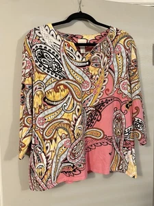 Chicos Womens Shirt Size 2 LARGE Pink Yellow Paisley Cotton Top - Picture 1 of 7