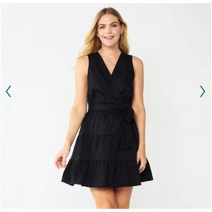 NEW NWT Nine West Large Tiered Sleeveless Black V-Neck Wrap Midi Dress Cotton - Picture 1 of 9