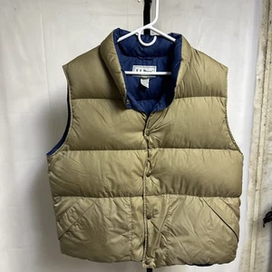LL Bean Men's VTG 90s Goose Down Filled Nylon Snap Puffer Vest Large Beige/Blue - Picture 1 of 9