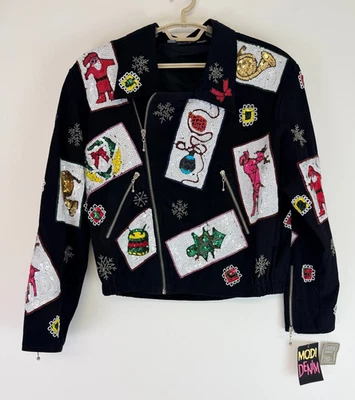 Jaqueta de Natal vintage 1980 Modi denim enfeitada lantejoulas tamanho G (10-12) - Imagem 1 de 4