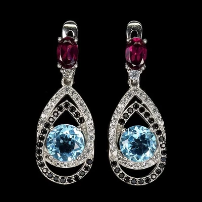 925 Sterling Silver Earrings Round Swiss Blue Topaz Natural Gemstone Jewelry - Image 1 of 4