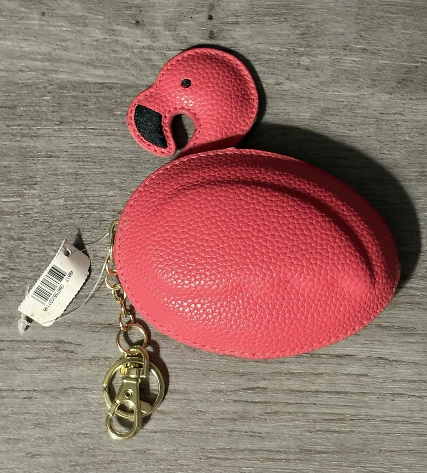 Bath & Body Works Pink Flamingo Bird ZIPPER Coin Keychain Keyring PocketBac