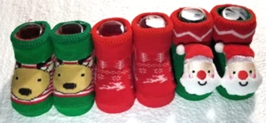 Holiday Baby Sock Booties 3 Pair Set Red & Green Santa Reindeer 0-12 Mths - Picture 1 of 6