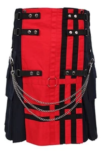 TRUESAGA - Falda escocesa de moda utilitaria de lujo roja y azul marino con cadena 100 % algodón 16 oz - Imagen 1 de 4