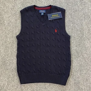 Polo Ralph Lauren Cable Knit V-Neck Sweater Vest Youth Boys 6 Navy Blue Red Pony - Picture 1 of 14