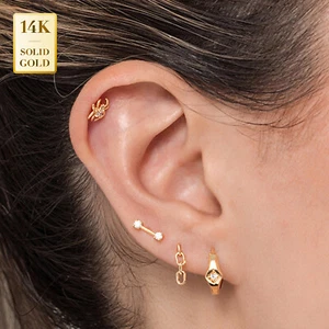 Pendientes de aro de rombo de oro sólido real de 14 K lóbulo caracola aro abrazador clicker - Imagen 1 de 7