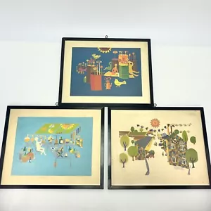 3 Vtg Danish Multicolor Industrial Saro Graphic Art Prints Wall Decor Interior - Picture 1 of 7