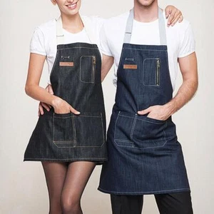 Woman Men Denim Bib Apron Strap Barista Baker Cook Bartender Chef Work Uniform - Picture 1 of 17