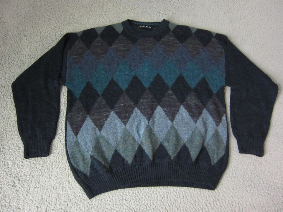 Vintage Consensus Sweater Adult Large Blue Wool Alpaca Argyle Knit Mens 90s - Image 1 of 4