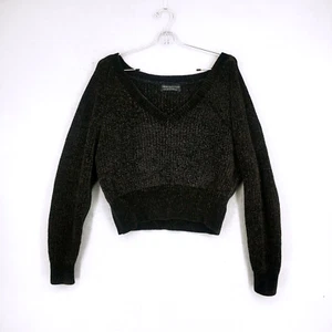 URBAN OUTFITTERS Velour Chenille Long-Sleeve V-Neck Cropped Sweater top Black S - Picture 1 of 6