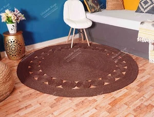 Hand Braided Brown Round Jute Rug With Scalloped Design Rug Vintage Dhurrie Rug - Picture 1 of 5