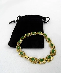 Vintage Armband grüne Jade und klarer Strass goldfarben 7,5 Zoll - Bild 1 von 6