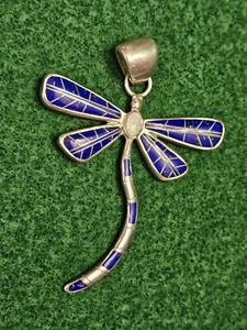 Artisan Sterling Silver 925 Lapis Lazuli & Opal Inlay Dragonfly Pendant - Picture 1 of 21