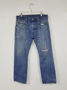 Levi's 501 Denim Blue Jeans Y2K Paint Distressed Straight Leg Jeans Size 34 X 29 - Picture 1 of 11