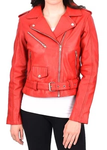 Women's Leather Biker Jacket Belted Fitted Paige - Picture 1 of 17