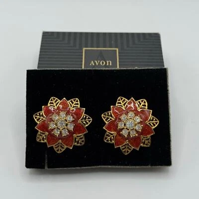 NIB Vintage Avon Red Flower Earrings Gold Tone Enamel '90s Retro Holiday Party - Image 1 of 4