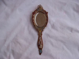 ANTIQUE FRENCH ENAMELED GILT BRONZE HAND MIRROR,LATE 19th CENTURY. - Picture 1 of 10