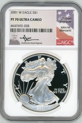 Silver Eagle 2001 W $1 1 OZ prueba NGC PF70 John Mercanti Foto 1 de 4