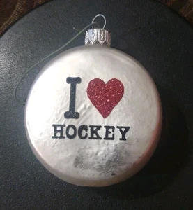 I Love Hockey Silver 2.5" Blown Glass Hockey Puck Christmas Ornament Poland  - Picture 1 of 3