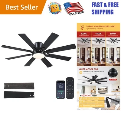 Quiet 8 Blade Ceiling Fan with Dimmable LED Light - Modern Flush Mount Design