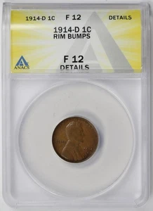 1914-D Lincoln Wheat Penny 1C Fine F 12 Details Rim Bumps ANACS - Picture 1 of 4