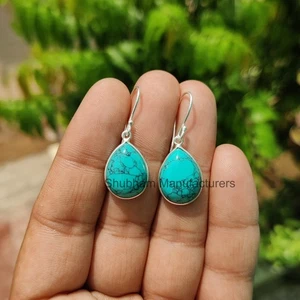 Pendientes colgantes de plata pura 925 con cabujón de pera turquesa genuina para amor de mujer - Imagen 1 de 6