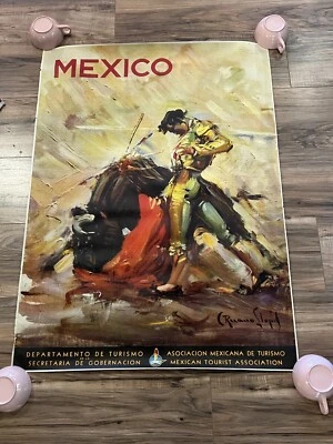 Póster publicitario de viaje original vintage de México turista mexicano BULL FIGHTER Foto 1 de 4