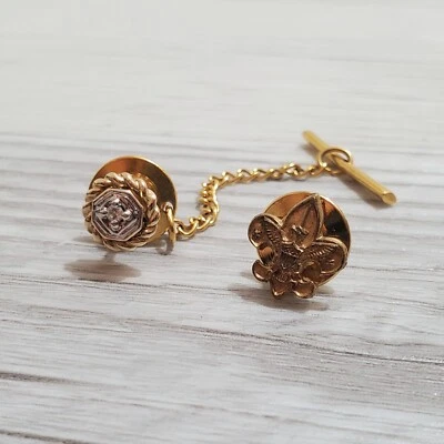 2 Handsome Gold Silver Tone Vintage Tie Tack Boy Scouts Eagle Pin Badge Gem Rope - Image 1 of 4