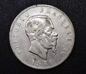 1874 5 Lire Italy .900 Silver Coin - Picture 1 of 2