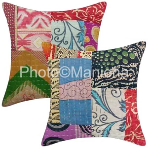 Indian Handmade Kantha Cushion Cover, Decorative floral Pillow Cover, 16x16 inch - Picture 1 of 5