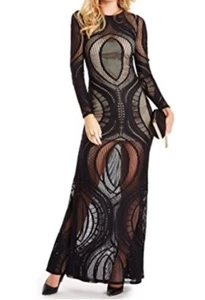 Marciano Dress Sz S Laser Cut Lace Maxi Long Sleeve Black Fit Flare Gown - Picture 1 of 7