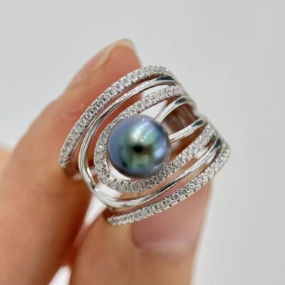 Impresionante anillo de perlas verdes negras redondas tahitianas 925s (sp) 9-10 mm Foto 1 de 4