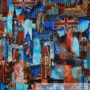 BonEful Fabric FQ Cotton Quilt London British Flag City Night Light Ferris Wheel - Picture 1 of 15