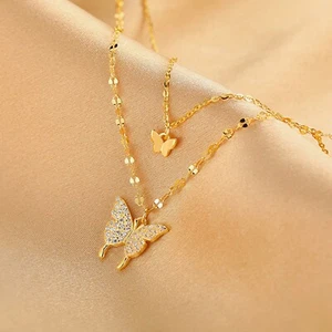 Collana donna nappa farfalla oro doppio strato ciondolo clavicola catenina gioielli - Foto 1 di 5
