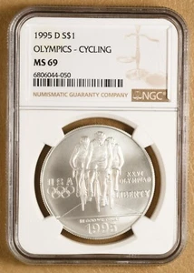 1995 D Olympics Cycling Commemorative Silver Dollar NGC MS69 - Picture 1 of 2