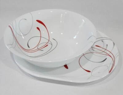 ❤️ 2-pc Corelle SPLENDOR SERVING SET Large 2-Qt BOWL & PLATTER Red Gray Scrolls