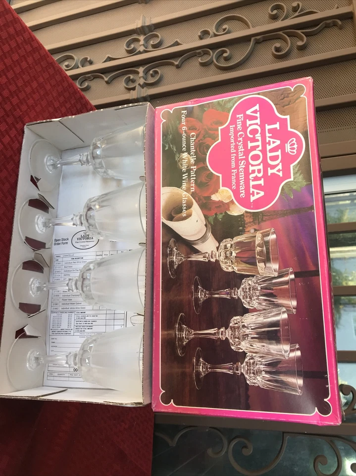 Set of 8 Lady Victoria Fine Crystal Stemware Chantelle 6 Oz White Wine Glasses