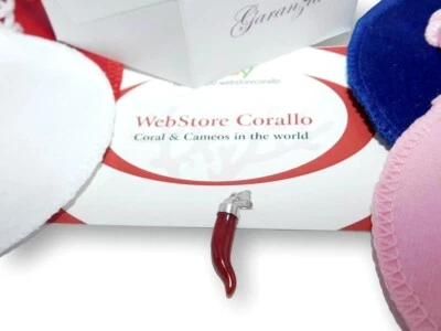 Ciondolo Corno con Corallo Rosso in Argento 925 placcato Oro bianco Portafortuna - Immagine 1 di 4