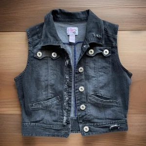 Vintage Mad Rag Damen L schwarz Distressed Denim Jeans Knopfleiste Weste Biker Grunge - Bild 1 von 7