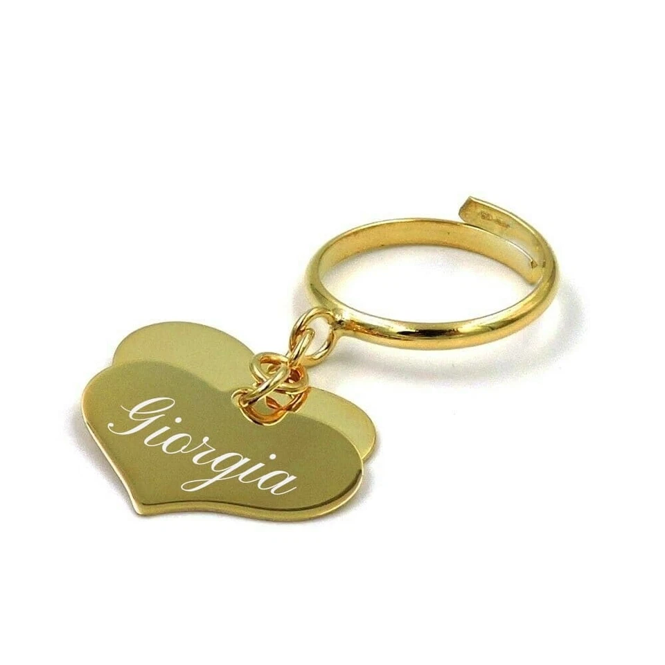 Anello 2 Ciondoli Cuore in Argento 925 Placcato Oro, Incisione Inclusa - Immagine 1 di 4