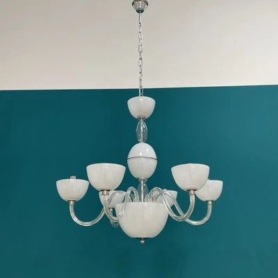 Lampadario in Vetro Bianco e Trasparente a 6Luci Vintage mai usato contemporaneo - Immagine 1 di 4