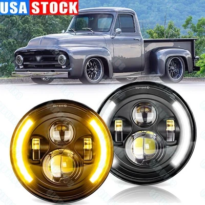 Pair 7" Inch Round LED Headlights Halo DRL Fit Ford F1 1948 1949 1950 1951 1952 - Image 1 of 4