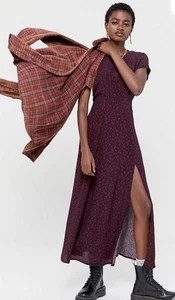 Urban Outfitters Lindsey Midikleid Flügelärmel burgunderrot Blumenmuster hinten offen Small - Bild 1 von 11