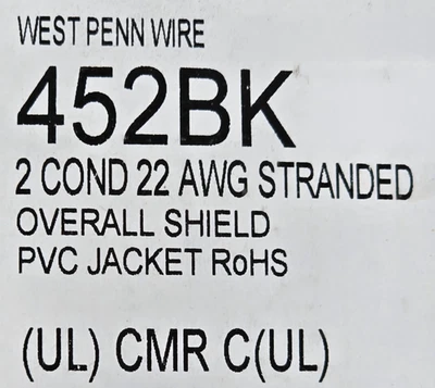 Cable de audio West Penn Wire 452 22/1P blindado par de torsión Lo-Cap CMR negro/100 pies Foto 1 de 4