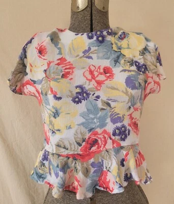 Top Fluido Manga Corta Floral Peplum Vintage Años 70 80 Verano Rayón Lino EE. UU. Foto 1 de 4