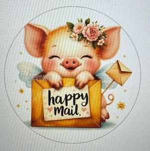 PIG HAPPY MAIL ENVELOPE SEALS LABELS STICKERS TAGS ROUND 30 CUTE - Picture 1 of 1