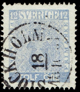 SWEDEN - 1858 - COAT OF ARMS - 12o Ultra - Sc #9 - Used VF - CV $12 - Picture 1 of 2