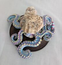 Hand made OOAK blue & Pink Kraken Squid Octopus statue sculpture Wooden Base 6"